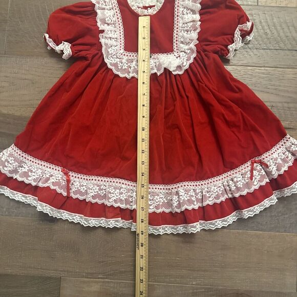 VTG 80s Velvet Bib Holiday Dress Sz 6X Red White Lace Rosette Puff Sleeve Santa - Picture 8 of 15